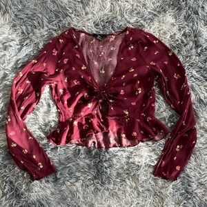 Forever 21 Cranberry Floral Patterned Long Sleeve Crop Top with Front Tie-Size M
